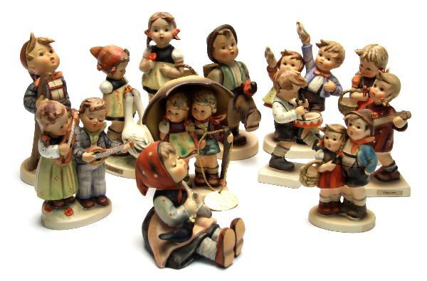 LARGE LOT OF HUMMEL FIGURES: Large lot of Hummel figures. Lot includes - 150 "Happy Days", 153 "Auf Wiedersehen", 94 "Surprise", 47 "Goose Girl", 69 "Happy Pastime", 79 "Globe Trotter", 86 "Happiness", 16 "Little Hiker", 81 "Scho