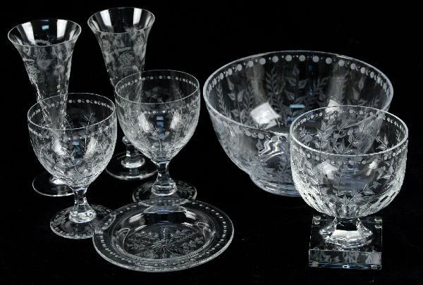 LOT OF WILLIAM YEOWARD CRYSTAL: Lot of William Yeoward crystal, new in boxes. Lot includes caviar server, martini glasses, and salad bowl in "fern" pattern; pair of burgundy glasses in "olympia" pattern.
