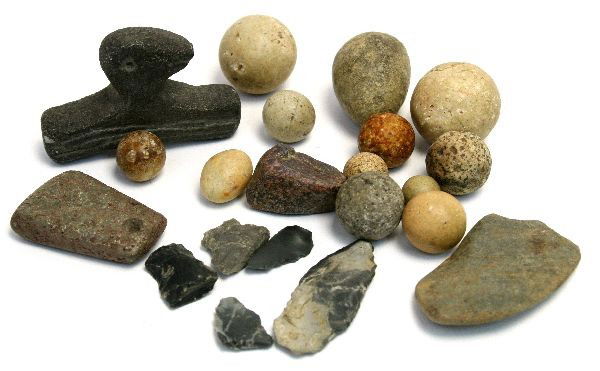 BIRD EFFIGY GORGET & GAME BALLS NORTH GEORGIA: Collection of various game size balls, pendants, bird effigy, and 1 hole gorget. All from a North Georgia Mountains private collection.