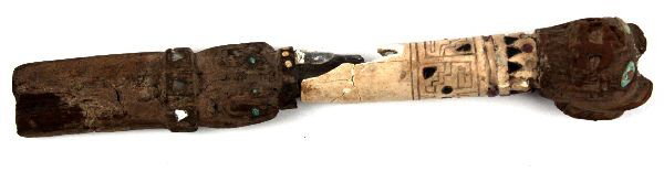 PRECOLUMBIAN WOOD AND BONE INLAY JAGUAR EFFIGY: Pre-Columbian bone and wood inlay cat effigy. Features a jaguar face with inlayed jade eyes on the front and two snakes on the reverse. Geometric designs are engraved into the bone portion. The lower 