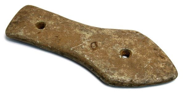 SANDAL SOLE 2 HOLE GORGET 6.5 INCHES GA. TN. N.C.: Polished slate 2 hole sandal sole gorget measuring 6.5 inches. Private collection from Tri State Mountains.