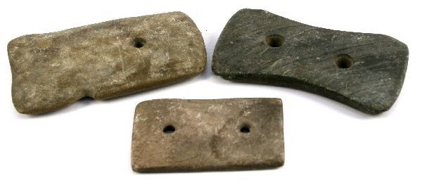 NATIVE AMERICAN GORGET LOT OF 3 NORTHEAST: Grouping of 3 slate Gorgets from the northeastern U.S. from a long time collector. 2.5 to 3.5 in length, the largest has an intentional side notch and is damage and repair free, the 2 hole has plow ni