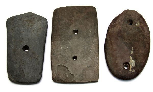 3 GORGET LOT FROM SW VIRGINIA 1930'S: Collection of 3 gorgets most likely from Southwestern Virginia. Superb pieces, but each has minor detractions, two of green stone and one of brown slate, measuring 4 to 4.5 inches, no repairs presente