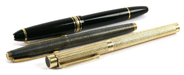 THREE FOUNTAIN PENS INCLUDING MEISTERSTUK: Three fountain pens including Montblanc Meisterstuck #146 with 14K gold tip, Parker sterling silver cap and barrel and 14K gold point, and Sheaffer gold electroplated pen with 14K tip. Montblanc featu