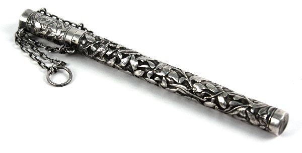 ANTIQUE STERLING CHATELAINE PEN HOLDER LARGE 1 OZT: Chatelaine sterling silver pen or instrument holder, measuring 6 inches with a weight of just under 1 OZT or 29 grams. Without any markings, however it is a very unique hand crafted design. Perhaps th