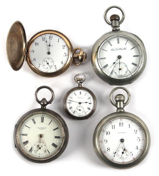 ANTIQUE POCKET WATCH COLLECTION STERLING GOLD FILL: Collection of antique pocket watches. Two have sterling cases, two are silverrine and the other is rolled gold. Listed as follows, a Waltham movement key winding, SN/8454824 (44mm face), a Birmingham,