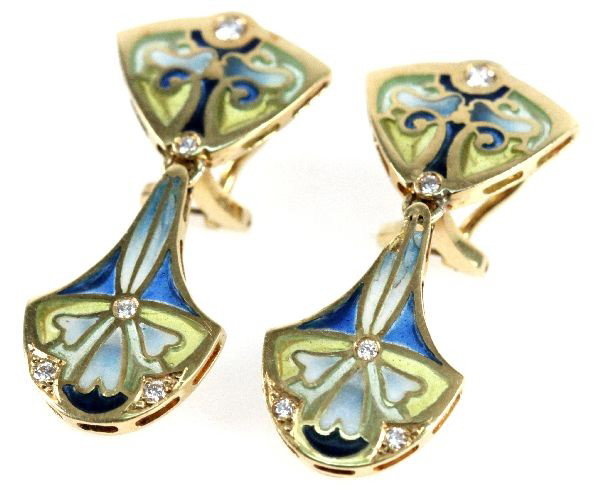 18K ART NOUVEAU ENAMEL & DIAMOND DROP EARRINGS: Ladies enamel art nouveau drop earrings with floral motif, featuring four round flush mount diamonds each; 0.7 CTW. Size: 1 3/8" Weight: 10 g Condition: Very good, with some damage and enamel loss nea