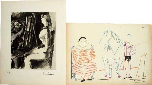 TWO SIGNED AND NUMBERED PICASSO LITHOGRAPHS: Two unframed Pablo Picasso (Spanish, 1881-1973) signed and numbered lithographs. Both measure 10.25 by 14 inches. Comes with C.O.A.s from Alan Goldberg of MFA, 111 Buckingham Palace Rd, London. Slight