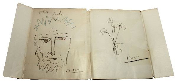 TWO ORIGINAL PICASSO DRAWINGS ON DUST JACKET: Two unframed Pablo Picasso (Spanish, 1881-1973) original crayon drawings on back of dust jacket for book Posters of Picasso, by J.K. Foster. Comes with C.O.A.s from Alan Goldberg MFA, 111 Buckingham P