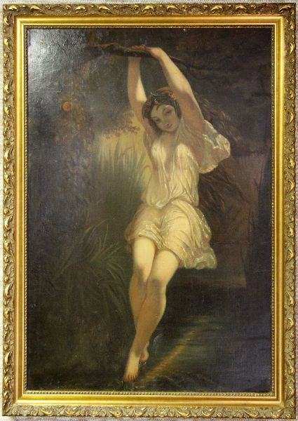 ORIGINAL WOOD NYMPH OIL PAINTING BY EDMONDSON: Attributed to William J Edmondson (American 1868-1966). Original oil on canvas painting of a wood nymph. Overall framed dimensions are 28 by 40 inches, canvas measures 25 by 36 inches. Canvas has been