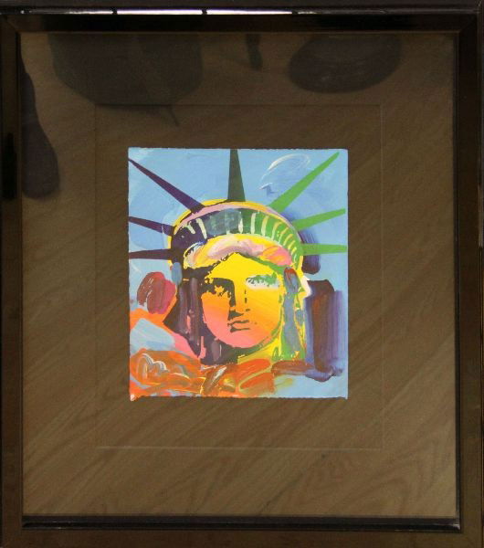 PETER MAX PAINTING LIBERTY HEAD VERSION VI, #15: Peter Max, signed painting on paper, "Liberty Head" version VI, #15. Registration number - 75783. 7 3/4" by 9" painting is float mounted on black board, with black matting, framed in contemporary blac