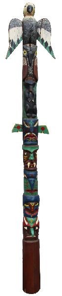 SIGNED HAND CARVED 9FT TALL TOTEM POLE: Hand carved and painted totem pole. 9 feet tall and 7.5 inches across base. 8 figures including an owl, eagle and a bear. Signed "Mike Soman September 24, 1969" on back. Very good condition.