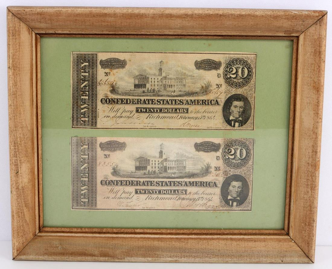 2 CSA CONFEDERATE BANKNOTE LOT 1864 $20 FRAMED: Framed 10 by 12 inch genuine Confederate banknotes, believed to be affixed.