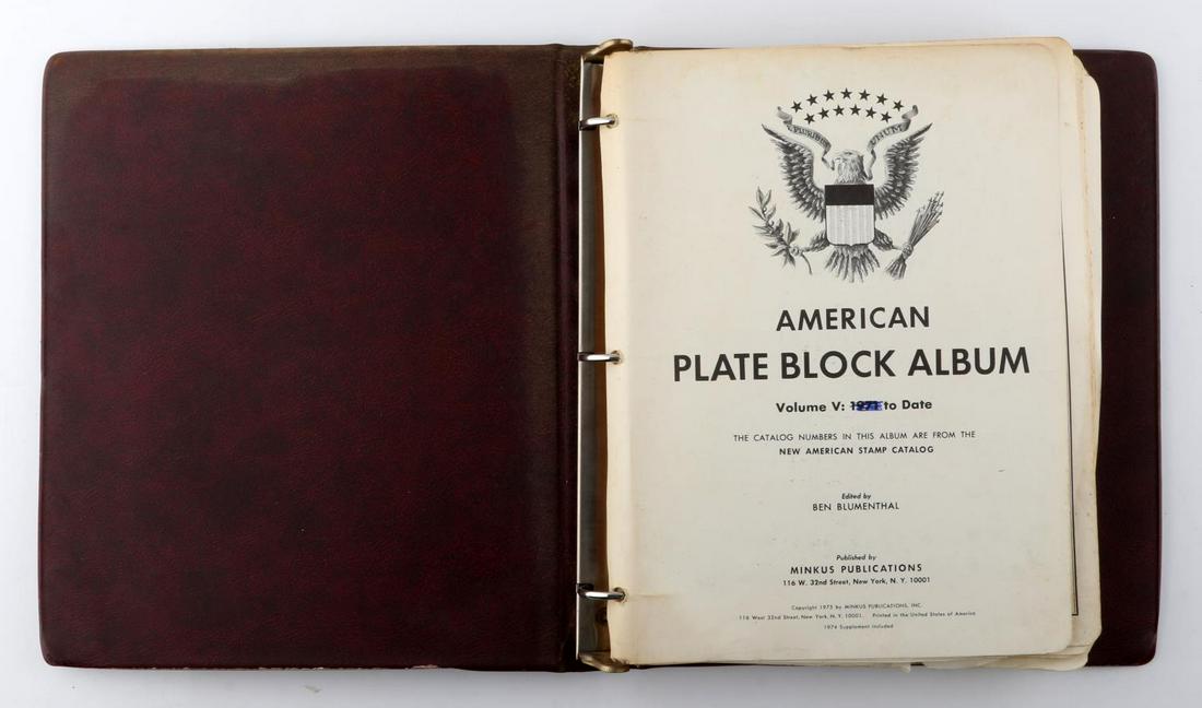 AMERICAN PLATE BLOCK STAMP ALBUM VOLUME V: Completely filled book of stamp plate blocks. Stamps are unused and have full gum. No hinge. Kept flat. In very good condition.