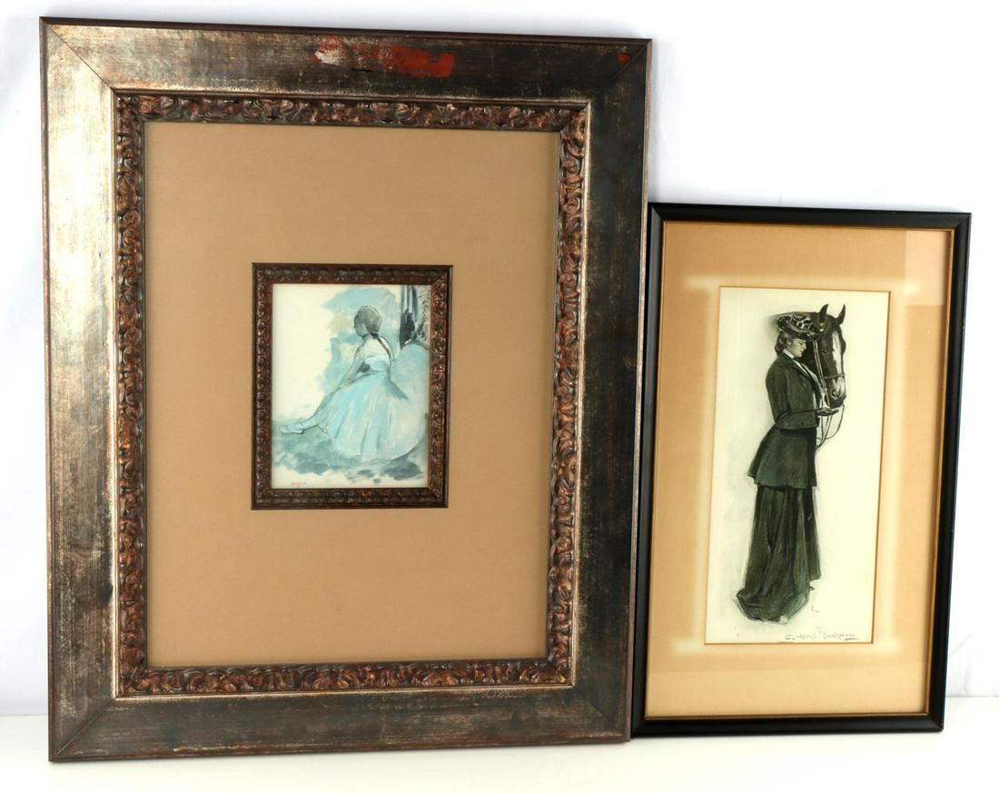 EDGAR DEGAS IMPRESSIONIST AND UNDERWOOD PRINT: Degas watercolor dancer print and Clarence F. Underwood girl and horse print. Degas measures 7 1/2 X 5 1/2 inches with a 27 X 22 inch frame. Underwood measures 14 X 6 1/2 inches with a 21 X 13 inch fr