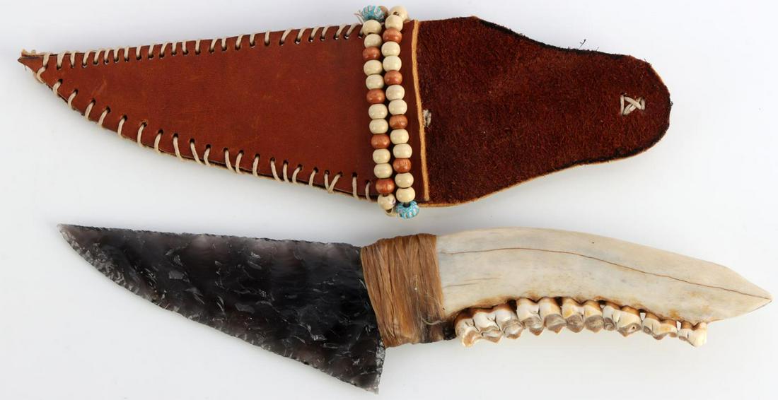 DEER BONE HANDLE POW WOW NATIVE AMERICAN KNIFE: Modern napped obsidian knife in traditional style. Knife has an overall length of 9 1/4 inches. Signed and dated 2013.