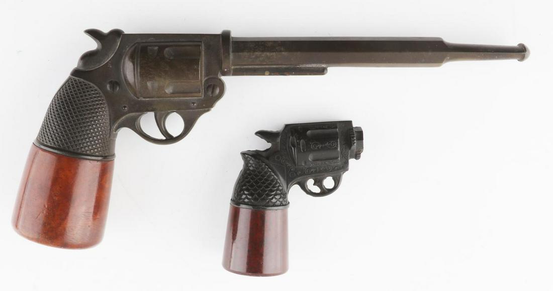 2 ANTIQUE PISTOL REVOLVER PIPE LOT OF 2: The smaller is missing mouth piece, the larger measures 9 by 4 inches, briar wood bowls.