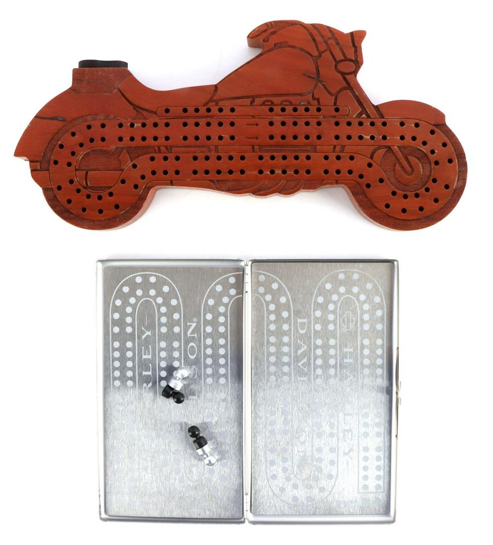 HARLEY DAVIDSON ROADHOG & LANDMARK MAPLE CRIBBAGE: Landmark Maple Vermont, motorcycle cribbage board 10.5 inches, and Harley Roadhog Collection cribbage boards.