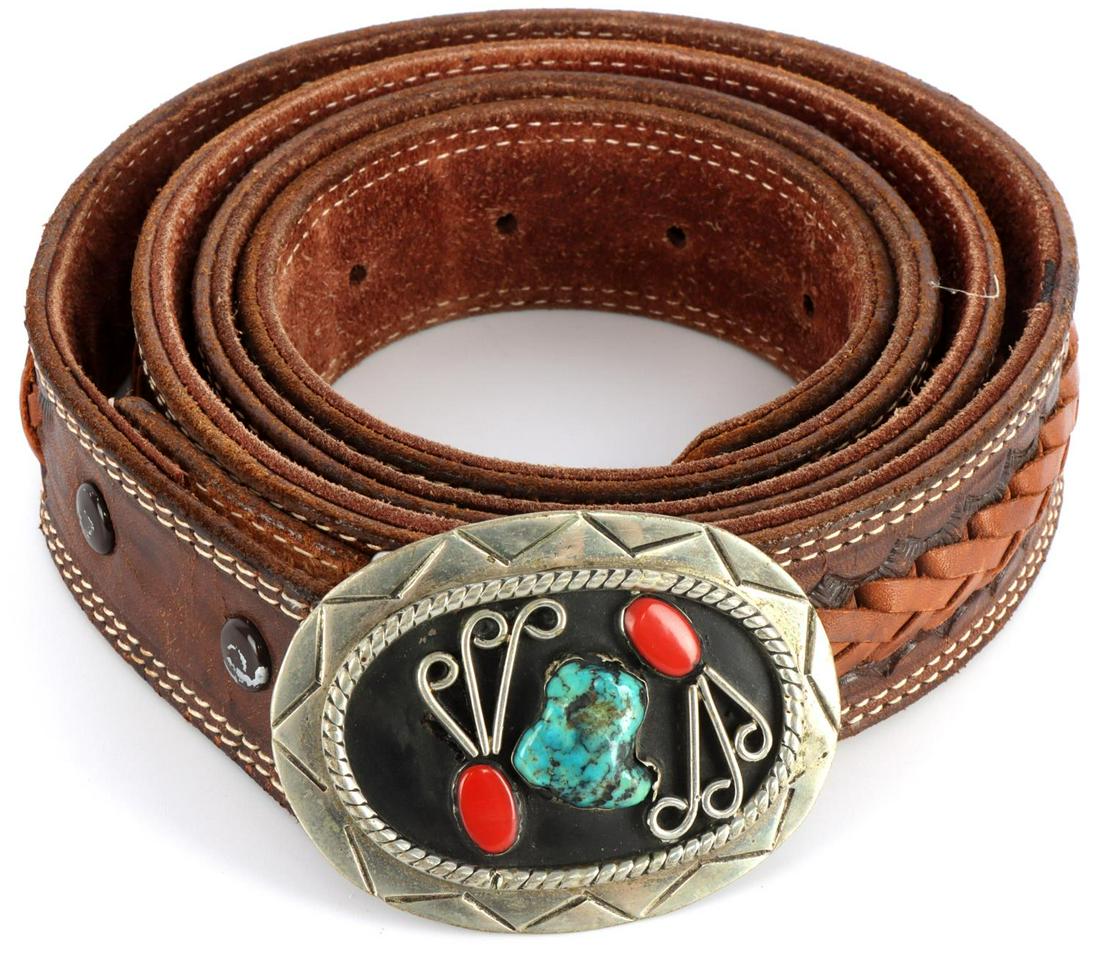 TURQUOISE CORAL LEATHER BELT MEXICO SOUTHWESTERN: Belt buckle measures 2.75 inches wide and 2 inches from top to bottom. Turquoise measures 18.33 millimeters and coral measures 11.36 millimeters. Belt is marked "46" and reverse of buckle is stamped "