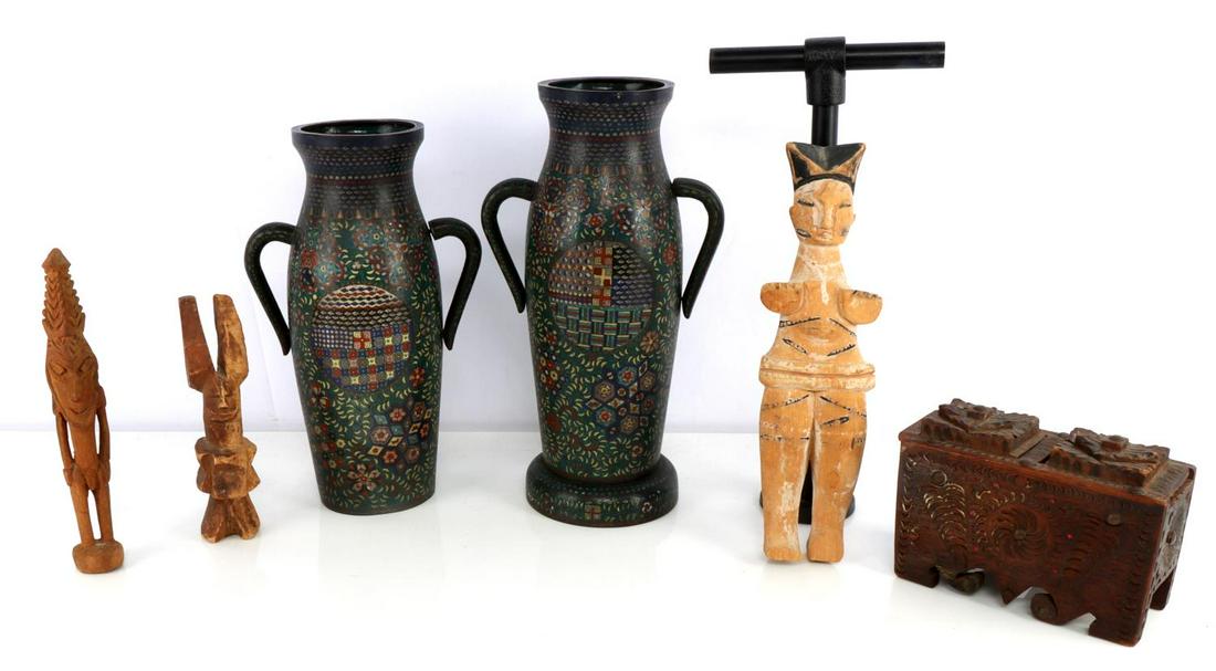 LOT OF CHINESE CLOISONE VASES AND AFRICAN STATUES: Lot features 2 cloisone vases, one small box of tramp art. 3 African carvings. Cloisone has faded over time. One vase is missing the bottom portion. Measurements range 5 - 11 inches. Very good conditi