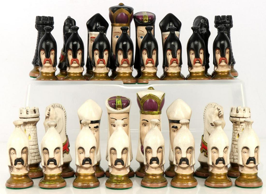 1970'S VINTAGE DUNCAN CERAMIC CHESS SET: All in good condition, hand painted Duncan ceramic chess pieces. No board included.
