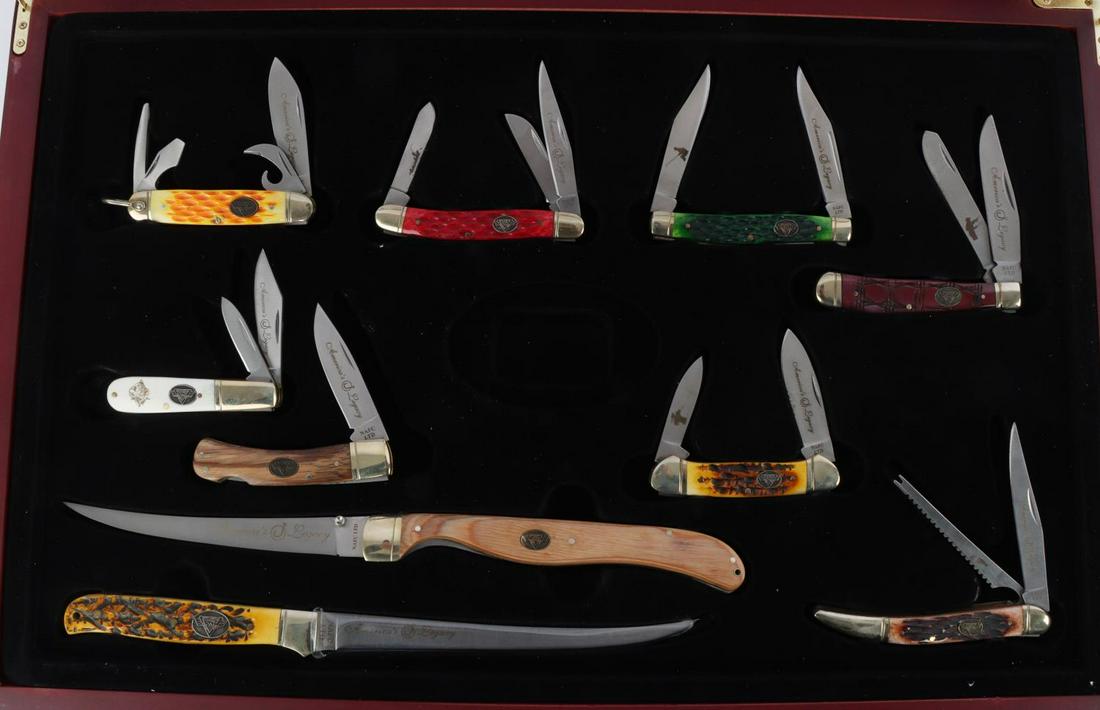 CASED HANDYMAN KNIFE SET OF 10 STAG GRIPS: Set of 10 knives. Variety of styles. Steel blades. Wood or stag grips. Variety of measurements. Very good condition. Case measures 15 X 21 inches