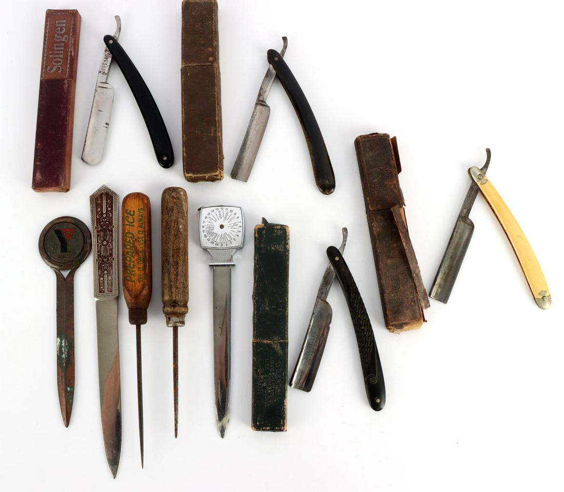 4 ANTIQUE STRAIT RAZOR 2 ICE PICK 3 LETTER OPENER: Each straight razor is boxed. Some of the brands included are Solingen, Pride of the West, and others. In good or better condition. Lot includes 3 letter openers; 1 YMCA, 1 has world time zone scale,