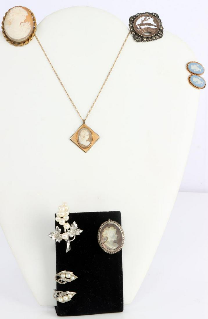 ANTIQUE VINTAGE CAMEO WEDGEWOOD VAN DELL JEWELRY: Sterling silver and pearl brooch and earrings, Van Dell Wedgewood earrings, Italian sterling and mother of pearl cameo, sterling and gold wash Art Deco stag brooch, and 2 gold fill cameo pieces. This 