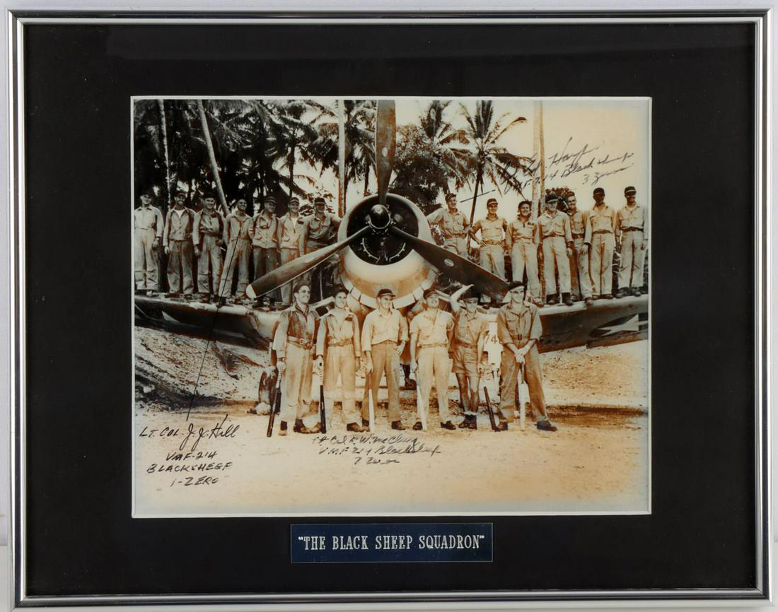 WWII USMC BLACK SHEEP AIR SQUADRON SIGNED PHOTO: Signed by three crewmen in the photo;"Lt. Col J.J. Hill", "Lt Col. R. W. Mcclung", and "Col. Ed. Harper". Below each signature the men have written their kill counts of enemy Zero planes. No COA inclu