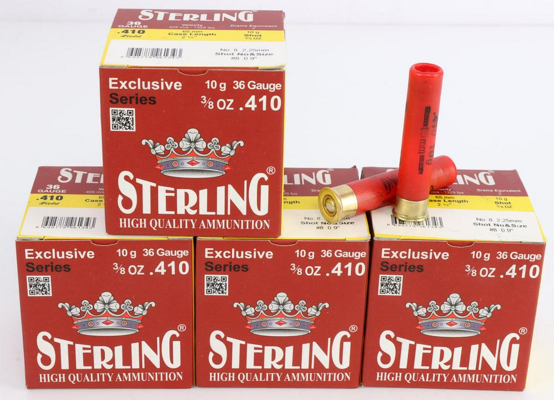 100 ROUNDS STERLING .410 SLUG 36 GAUGE AMMUNITION: Exclusive Series slug. 25 rounds per box. 10g Shot 3/8 OZ. 65mm case length This lot has a reserve.