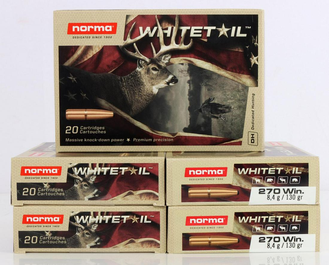100 ROUNDS OF NORMA 270 WIN 130 GR AMMUNITION: New in box. Norma 270 Winchester ammo. This lot has a reserve.