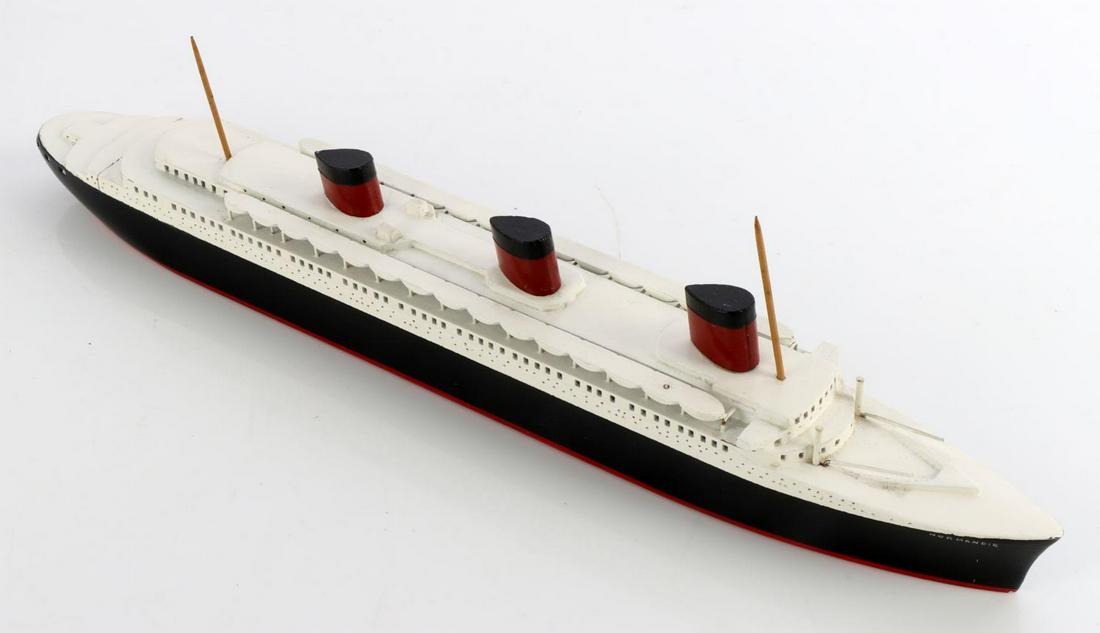 VAN RYPER SHIP MODEL NORMANDIE: Some minor paint loss near stern otherwise very good original condition, measures 11 inches.
