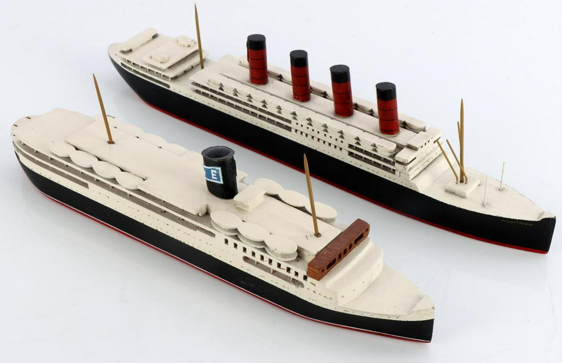 2 WATERLINE SHIP MODEL ACADIA VAN RYPER STYLE: Not stamped but truly resembles Van Ryper, Acadia and Aquitania which has crazing and both have light paint loss