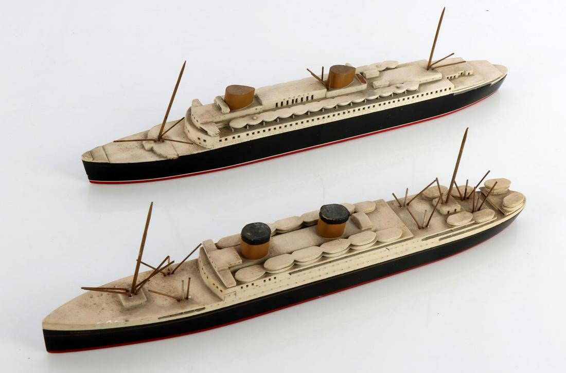 2 VAN RYPER SHIP MODEL LOT BREMEN GEORGIC: Th Bremen is 10 3/4 inches, the Georgic is 10 inches, the Bremen has some damage aft of rear stack, the Georgic is complete, both have case dust that is removable