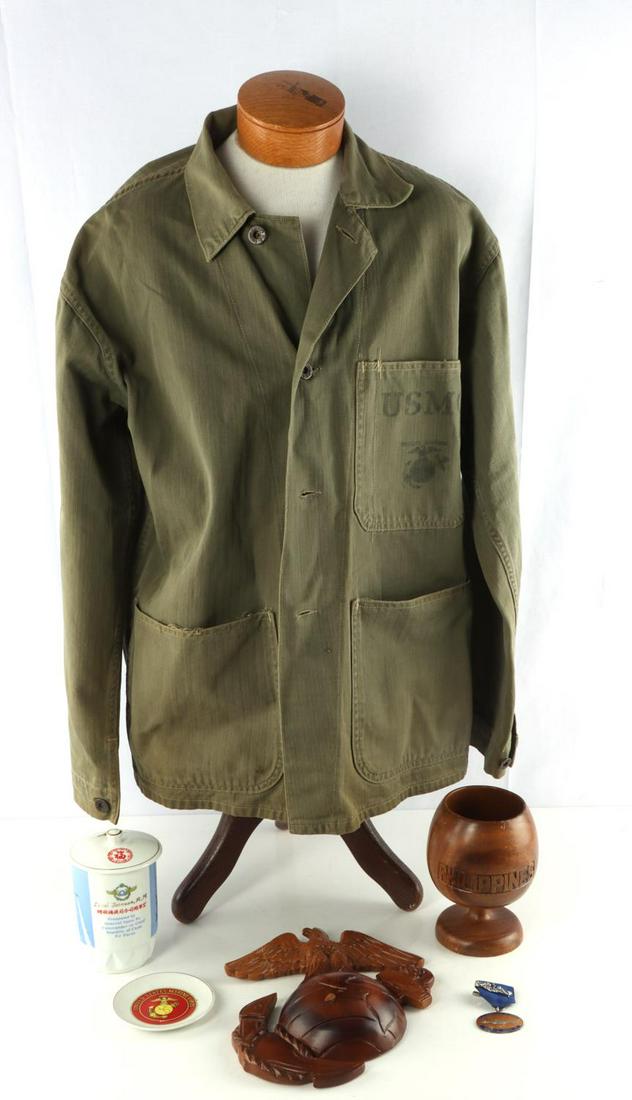 WWII MARINE HBT TUNIC COFFEE CUP AND WALL PLAQUE: Lot features a large HBT Marine tunic with U.S. Marine corps button, a coffee cup gift given to Lt. Col Johnson that was presented by General Szeto Fu of China, a Philippines memorial cup, an EGA wall