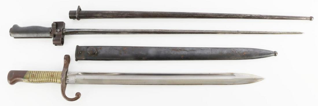WWI FRENCH ROSALIE & ARGENTINIAN NAVAL BAYONET: WWI French Rosalie cruciform bayonet with serial "FK35876" and scabbard. Argentinean naval sword-bayonet with French styled handle and quillion marked "Weyersberg Kirschbaum Solingen" on ricasso of bl