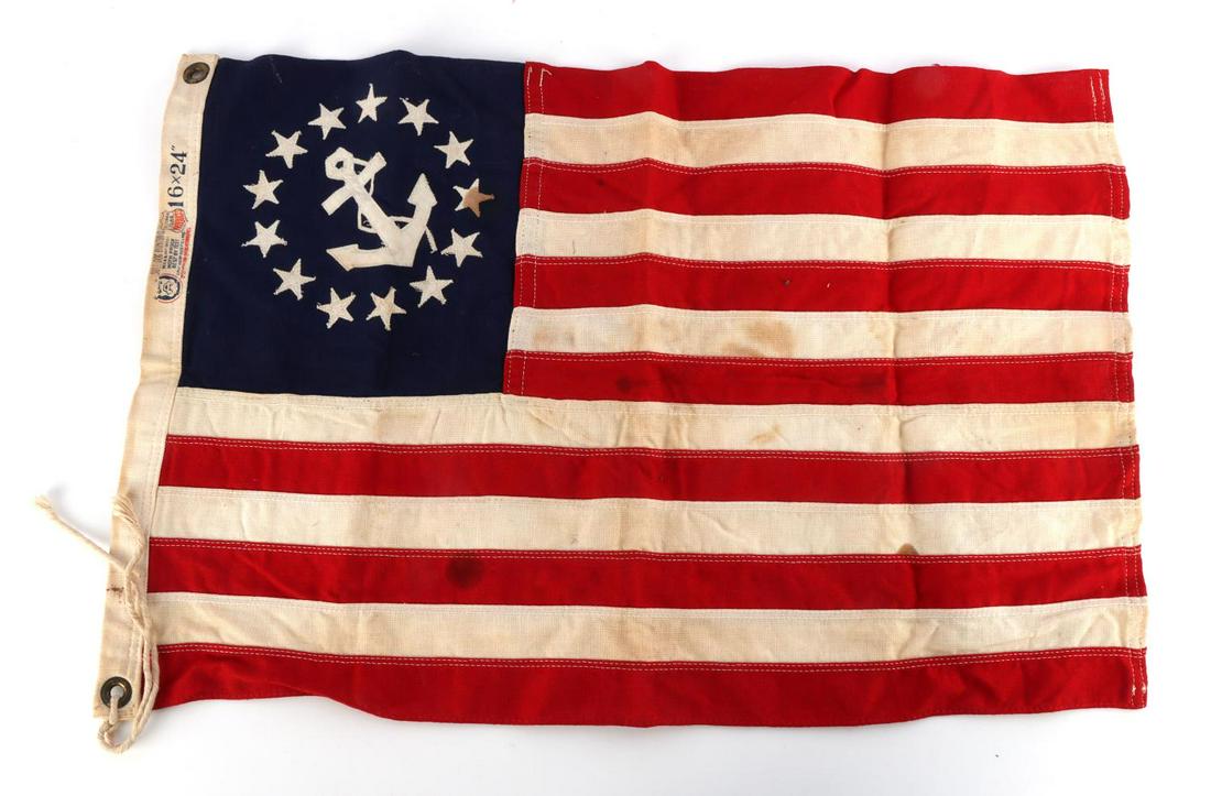 ANTIQUE 13 STAR FLAG WITH NAVAL ANCHOR: Wool construction. Measures 16 X 24 inches. Bulldog bunting made. Very good condition.