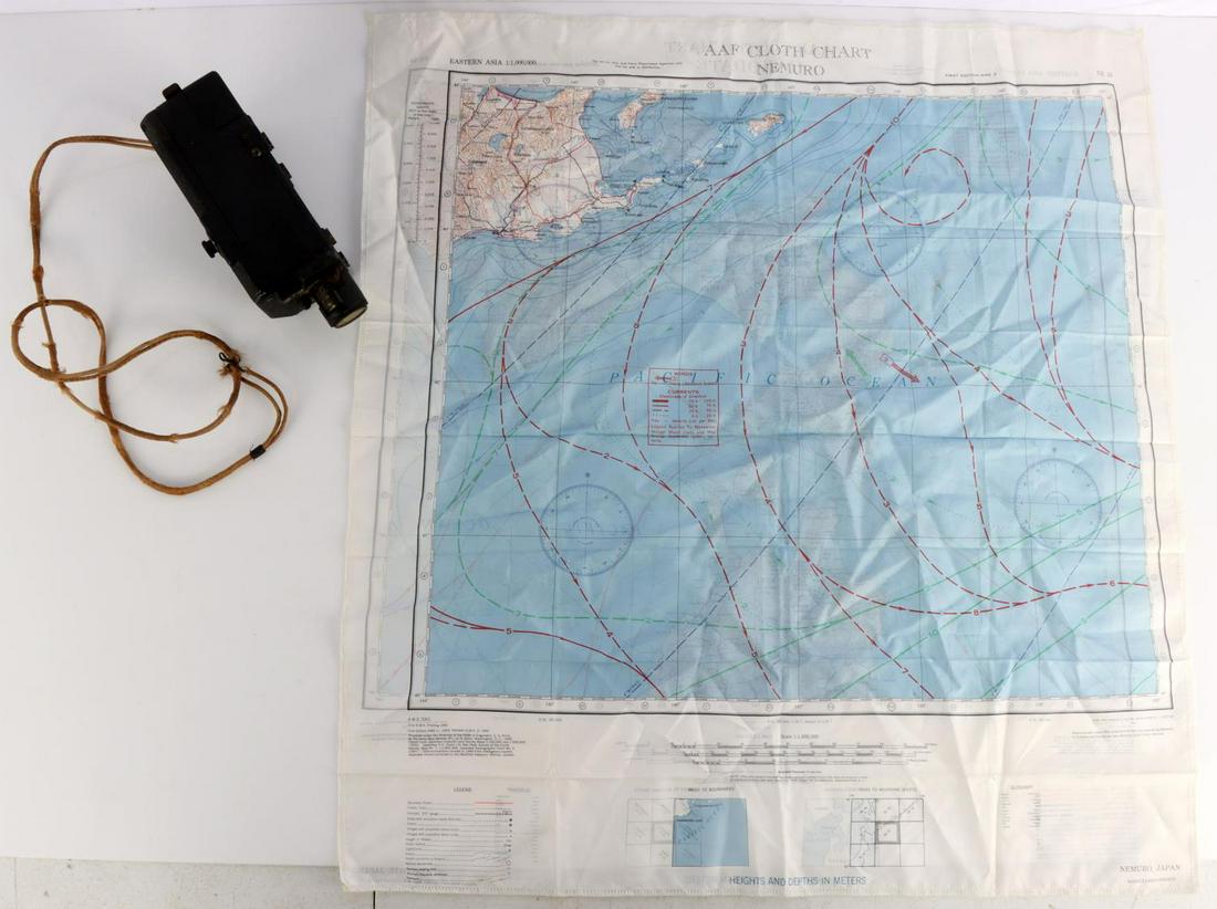 WWII AAF WING CAMERA & NK 54 EVADE & ESCAPE MAP: Bell and Howell SP-0816 camera, untested, and NK-54 Hakodate and NK-55 Nemuro silk chart, very good original condition.