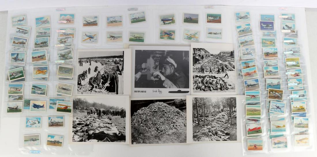 WWII GERMAN REICH JEWISH CAMP PHOTOS AND CARDS: Lot features Jewish camp photos with some civilians carrying bodies and aircraft cigarette cards. Photos measure 9 X 7 inches. Very good condition.