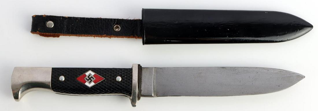 WWII GERMAN HJ HITLER YOUTH KNIFE DAGGER: Blade is maker stamped Schneidteufil, good full enamel flush diamond, scabbard appears repainted, Made in Germany on leather. Unauthenticated sold as is.