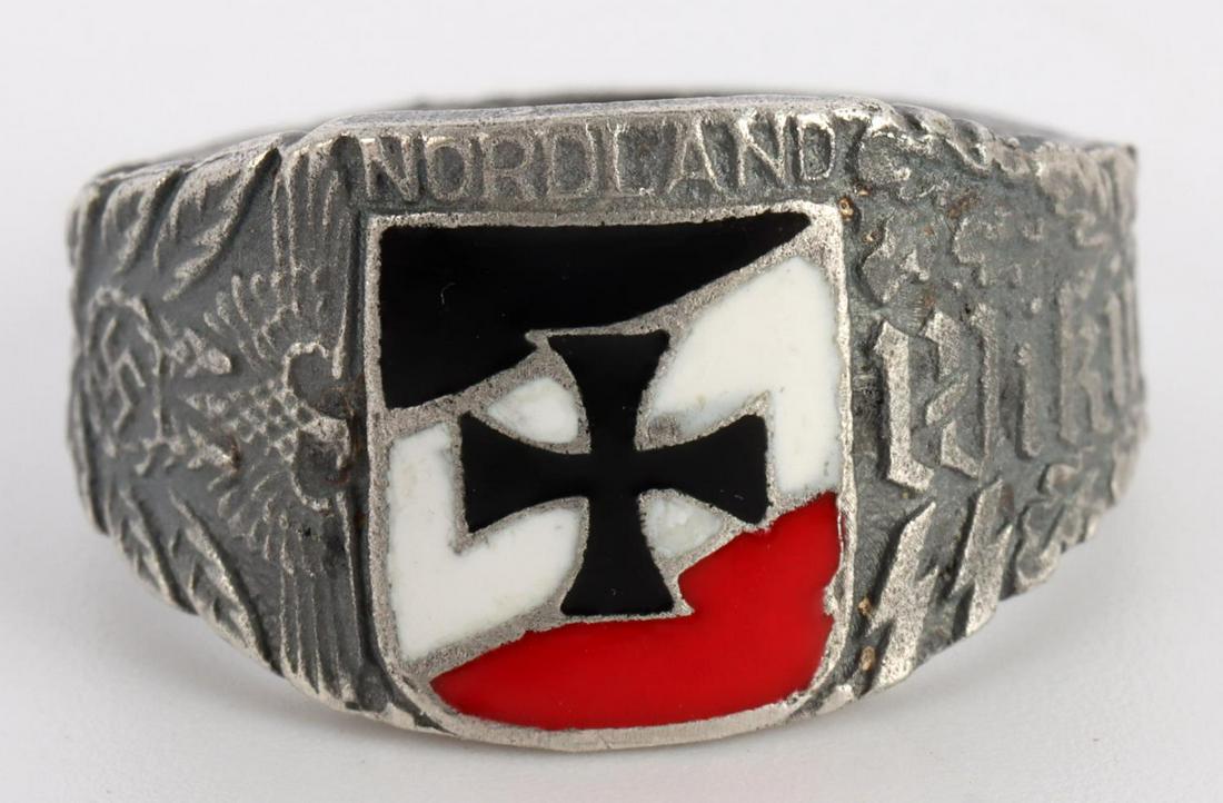WWII GERMAN THIRD REICH SS WIKING NORDLAND RING: Size 10. Iron Cross with black, white, and red enamel. Parteiadler flanking one side with Wiking SS flanking the other. Nordland above crest. Interior marked 900 for silver with maker mark. Very good 