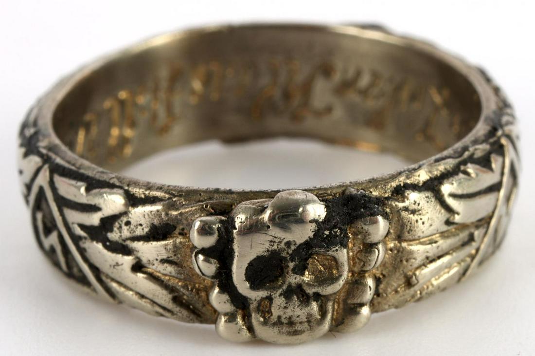 WWII GERMAN 3RD REICH HIMMLER WAFFEN SS HONOR RING: Size 10. Has signature of Himmler, date of the awarding and name of the recipient engraved inside of the ring. Has no silver/maker's markings. Some wear. Item is unauthenticated, sold "as is". This lo
