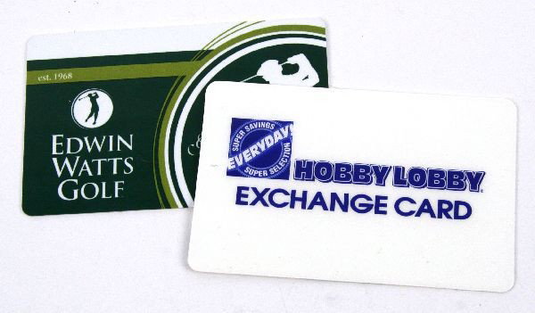 EDWIN WATTS & HOBBY LOBBY GIFT CARDS $141 VALUE: Gift cards for Edwin Watts Golf Shop, with a balance of $50.00, and Hobby Lobby, with a balance of $91.36.