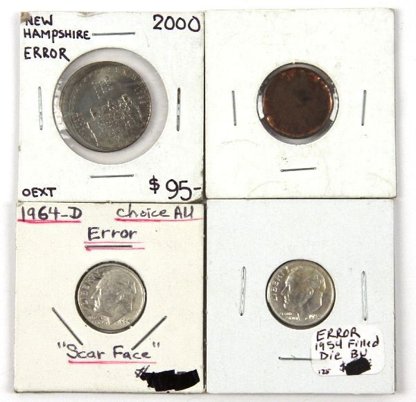 COLLECTION OF 4 DIFFERENT ERROR COIN LOT: A lot of 4 error coins consisting of 2000 New Hampshire off-center, 1954d Filled Die Roosevelt dime, 1964 d "scar face" dime and a weak struck memorial cent.