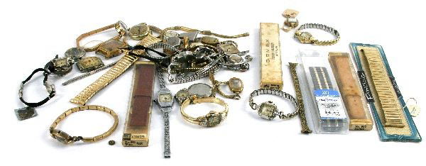 WATCHMAKERS STASH ~ MANY VINTAGE WATCHES/PARTS: Watchmaker's stash - lot includes vintage watches, and watch parts. Makers include Bulova, Hamilton, Elgin, Longines, and more. Parts include cases, crystals, bands, movements, etc. Condition: Overall