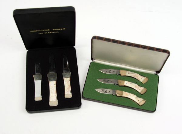 PARKER CUTLERY GUNFIGHTERS SERIES I & II SETS: Gunfighters special edition knife sets I & II, by Parker Cutlery Co. Series I set, 1 of 1000, featuring the Earp brothers, and Series II, featuring the Clantons. Each set in presentation box, in origi