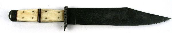 GRAVELY & WREAKS NEW YORK MAKED BOWIE KNIFE: 10 Inch blade, 15 inches overall. Bone handle Blade is 1.75 inches wide at widest spot. Blade stamped with "Gravely & Wreaks / New York". Overall very good condition with staining throughout metal and