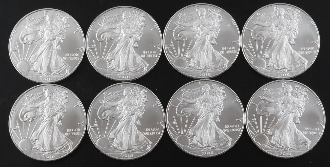 8 $1 AMERICAN EAGLE 1 OZ SILVER DOLLAR COINS: Total of 8 troy ounces of brilliant uncirculated fine silver coins. This lot has a reserve.
