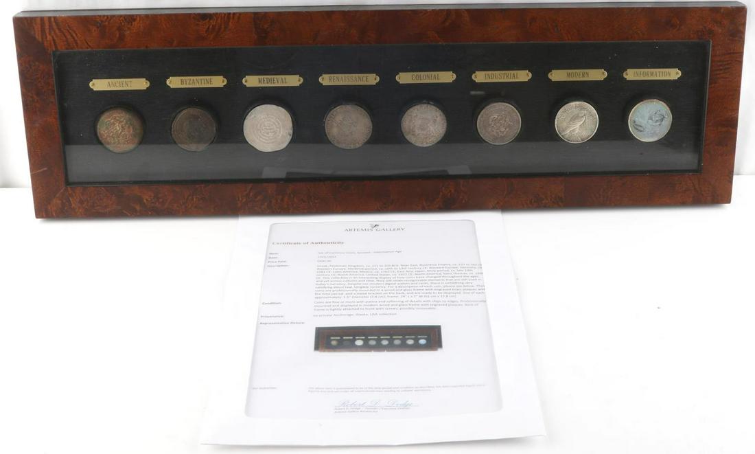 COIN SET ANCIENT BYZANTINE MEDIEVAL COLONIAL MODER: Comes with Artemis Gallery CO. 7 authentic coins in a 24 by 7 inch case. Greek Ptolemaic Kingdom to Morgan Silver dollar.