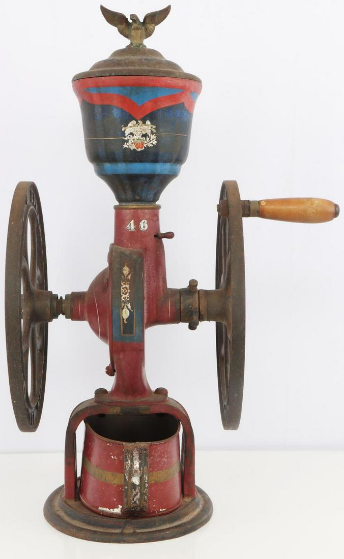 ANTIQUE ELGIN NATIONAL COFFEE MILL #46 GRINDER: In very good original condition, stands 30 inches with 19 inch diameter wheels, & weighs approximately 50 pounds.